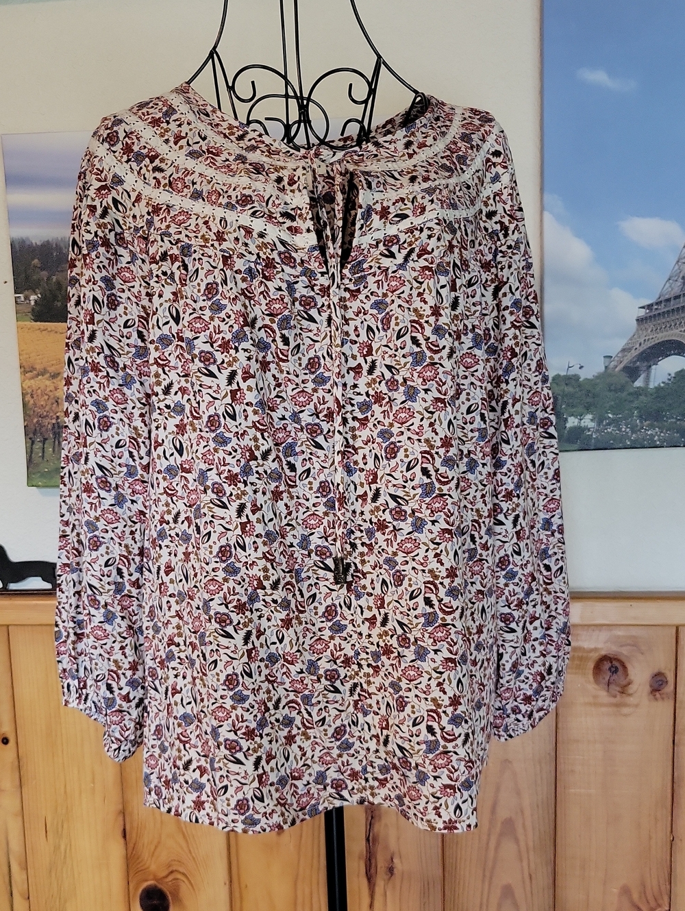 Mason & Belle Bohemian Tie-Neck Floral Blouse - Cream with Pink & Blue